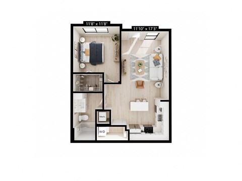 Floor plan for 1 bed, 1 bath, 728 sqft